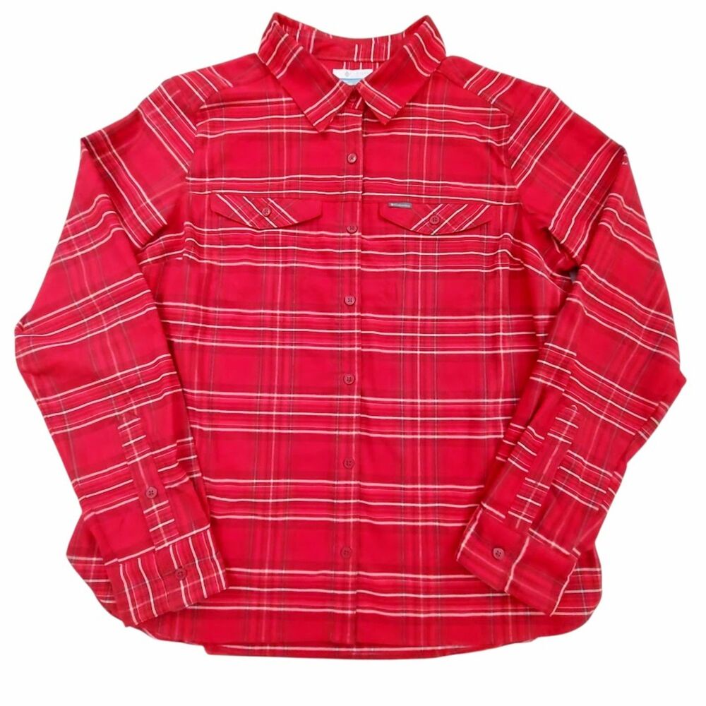 Columbia Omni-Wick Shirt Womens XL Red Plaid Long Sleeve Roll Tab Hiking Trail